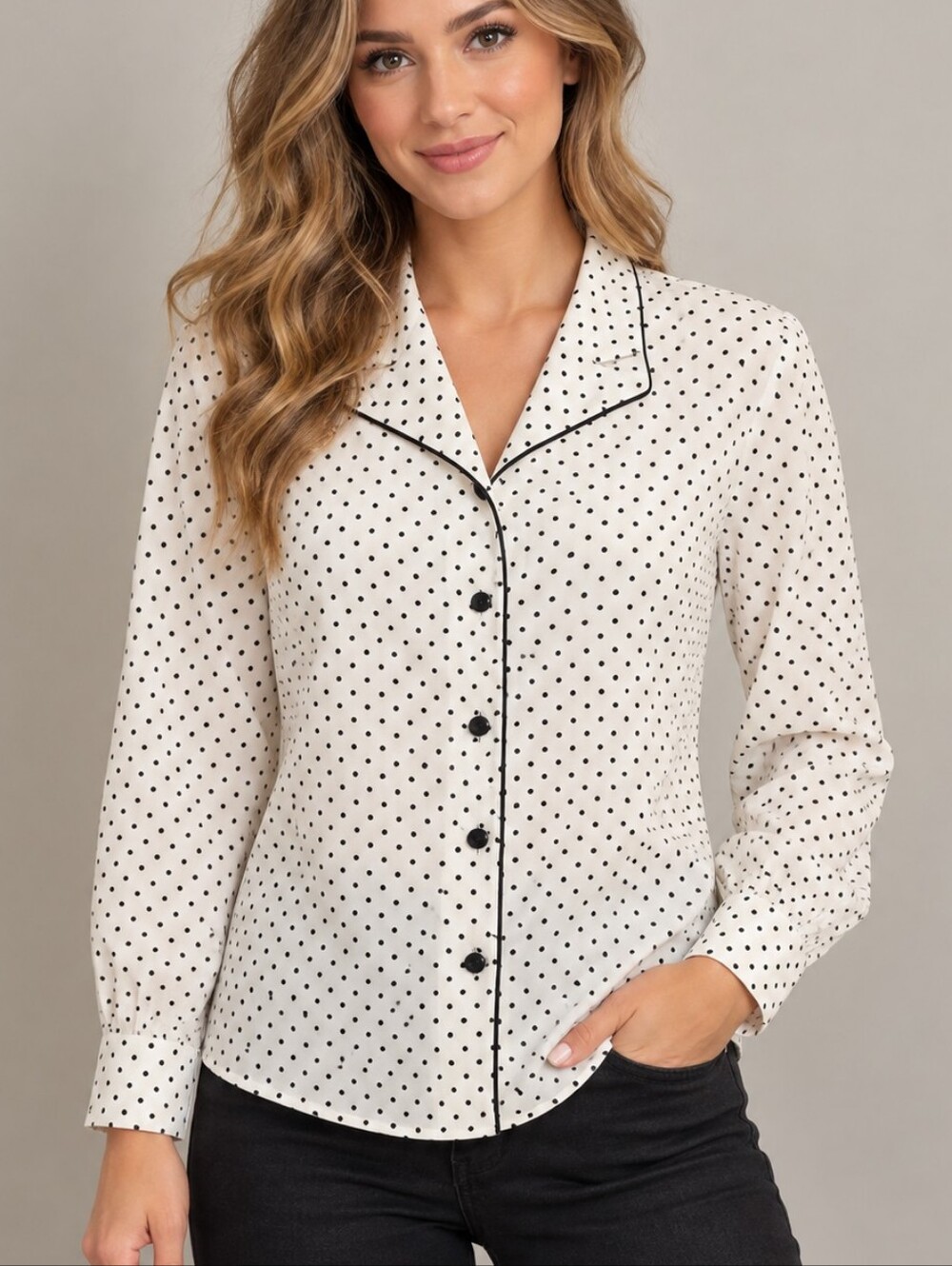 VTG JOANNA Retro Monochrome Polka Dot Long Sleeve Button Down Shirt